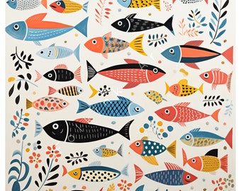 Choreography of Colors: Dynamic School of Fish in Captivating Art | AI Digital Wall Folk Naive Art