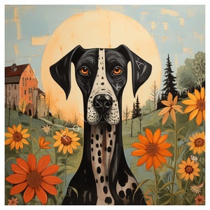 Blossom&#39;s Guardian: The Wise and Gentle Great Dane in Folk Art | AI Digital Wall American Folk Art | Dog Lover