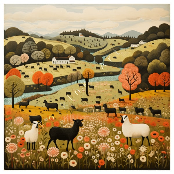 Grazing Harmony: Folk Art's Peaceful Pastoral Sheep on a Field  | AI Digital Wall Art