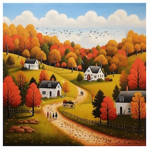 Golden Pathways: A Folk Art Journey Through Fall in Warm Colors | AI Digital Wall Folk Art