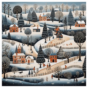 Snow-Covered Serenity: Folk Art Village Immersed in Winter&#39;s Charm | AI Digital Wall American Folk Art