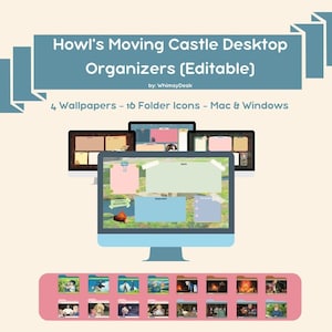 Howl&#39;s Moving Castle Desktop Organizer Wallpaper 2023-2024 | Editable | MAC + Windows | Studio Ghibli | Folder Icons