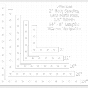 Peut inclure: Diagramme de L-Fences avec un espacement des trous de 5,08 cm, un repos de plaque zéro et une largeur de 3,81 cm. Longueurs de 20,3 cm à 61 cm. Le texte "VCarve Toolpaths" est également présent.