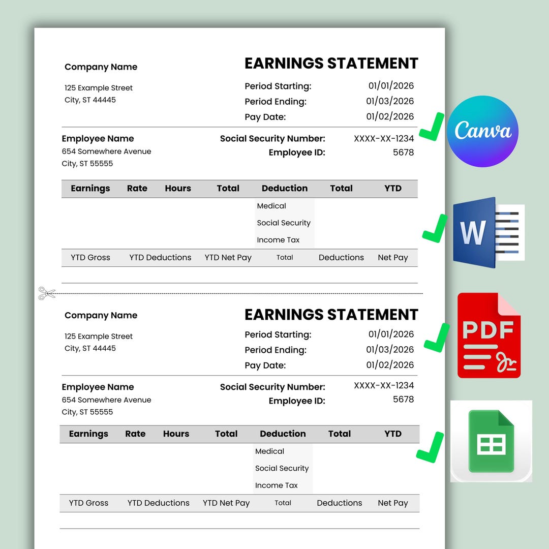Editable Pay Stub Template, Payroll Earnings Statement, Canva, Google ...
