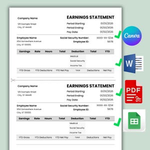 May include: A digital earnings statement template with the title "EARNINGS STATEMENT" at the top. The document includes fields for company and employee information, pay period details, and financial summaries. Icons for Canva, Word, PDF, and Excel are visible.