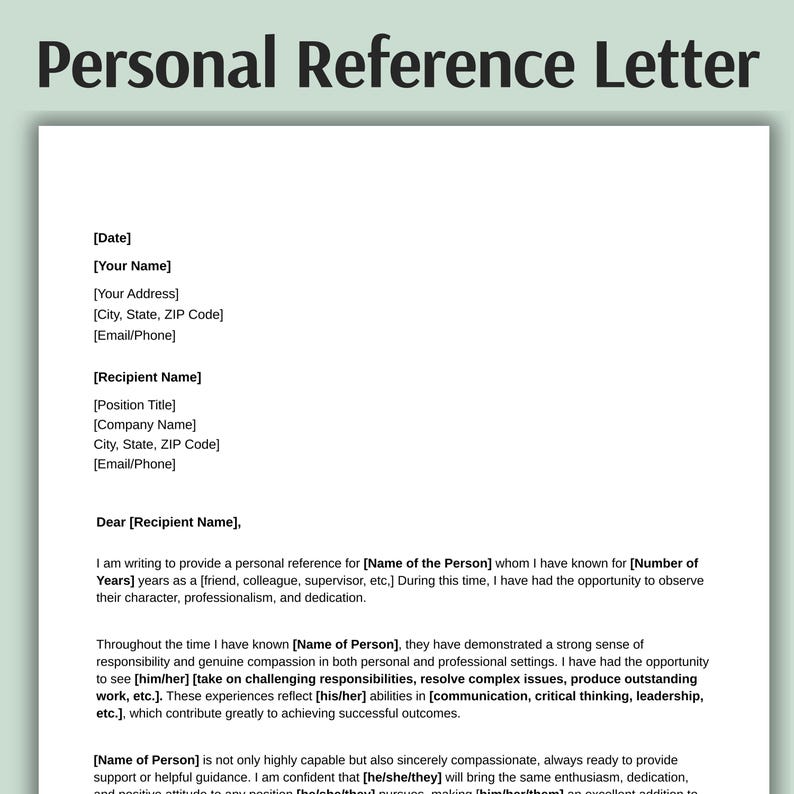Editable Personal Reference Letter Template (word, Canva, PDF ...