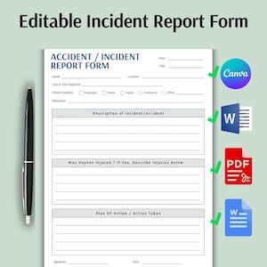 Op de afbeelding: Een bewerkbaar incidentrapportformulier met velden voor datum, tijd, locatie en incidentbeschrijving, vergezeld van een zwarte pen en iconen voor Canva, Word, PDF en Google Docs, gepresenteerd op een lichtgroene achtergrond.