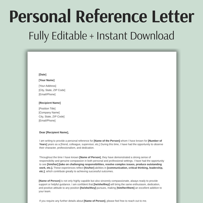Editable Personal Reference Letter Template (word, Canva, PDF ...