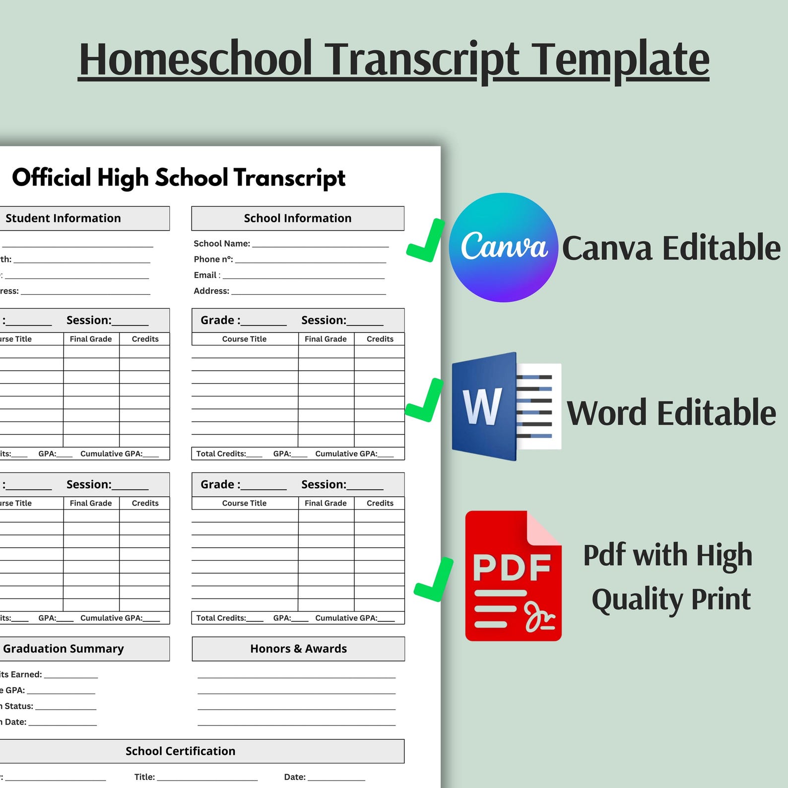 Editable High School Transcript Template, Homeschool Report Card ...