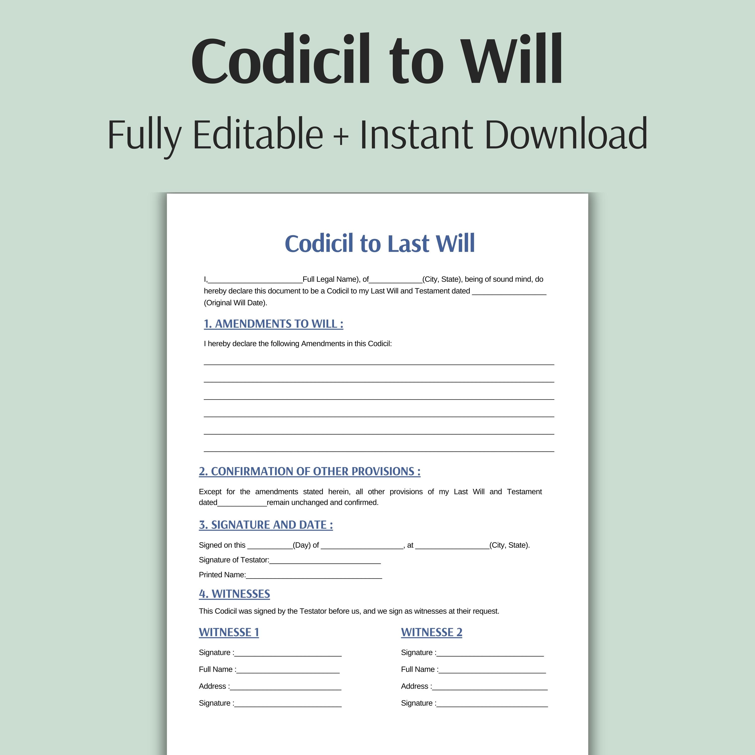One Page Codicil to Will, Editable Will Codicil Form Template Canva ...
