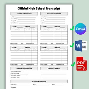 May include: A white, printable high school transcript template with sections for student and school information, grades, and graduation details. The document includes fields for course titles, final grades, and credits. Canva, Word, and PDF icons are in the image.