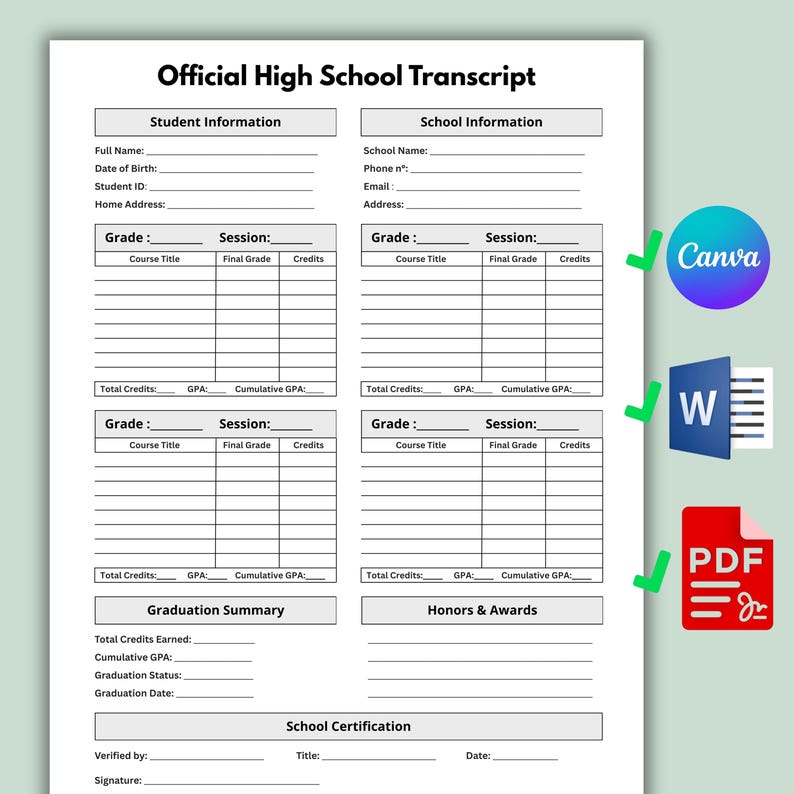 Editable High School Transcript Template, Homeschool Report Card ...