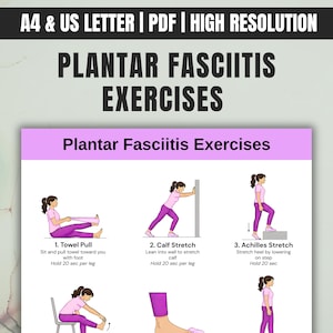 Op de afbeelding: Een afdrukbare gids getiteld "Plantar Fasciitis Oefeningen" met illustraties die rekoefeningen tonen. De gids bevat instructies voor handdoektrekken, kuitrekken en achillespeesrekken. De tekst bovenaan luidt "A4 & US LETTER | PDF | HIGH RESOLUTION."