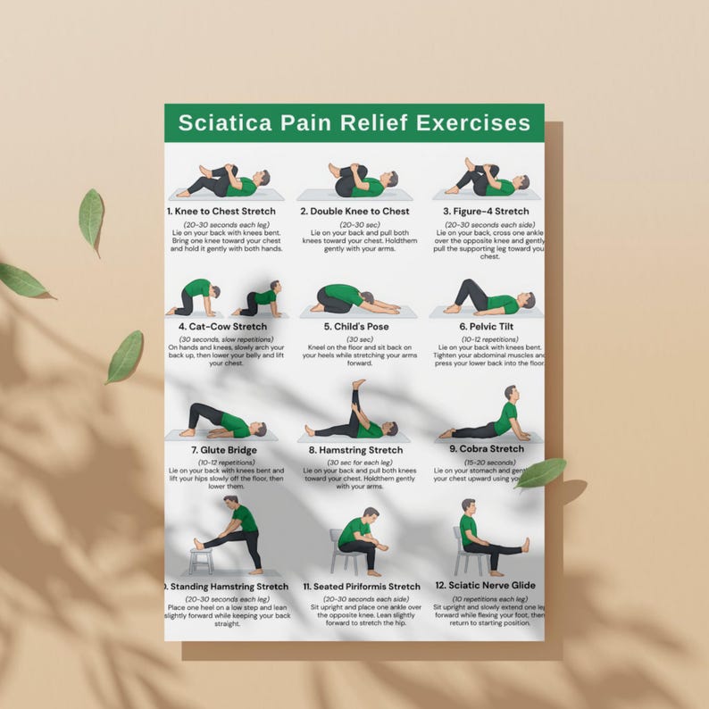 Sciatica Pain Relief Exercises Printable, Lower Back Stretch Routine ...