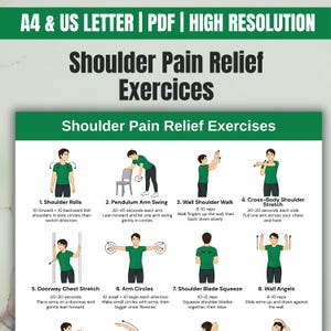 Peut inclure: Infographie verte et blanche intitulée "Exercices de soulagement de la douleur à l'épaule". Elle présente des illustrations de huit exercices, tels que des rotations d'épaules et des mouvements de bras.