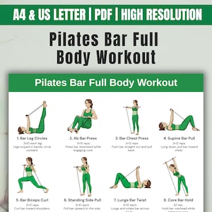 Pilates bar träningsaffisch utskrivbar, träningsschema för hela kroppen, Pilates barrutin för hemmabruk, fitnessväggkonst, digital nedladdning i PDF-format