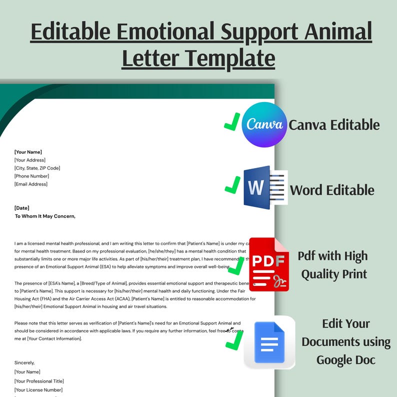 Emotional Support Animal Letter Template, Editable Esa Letter ...