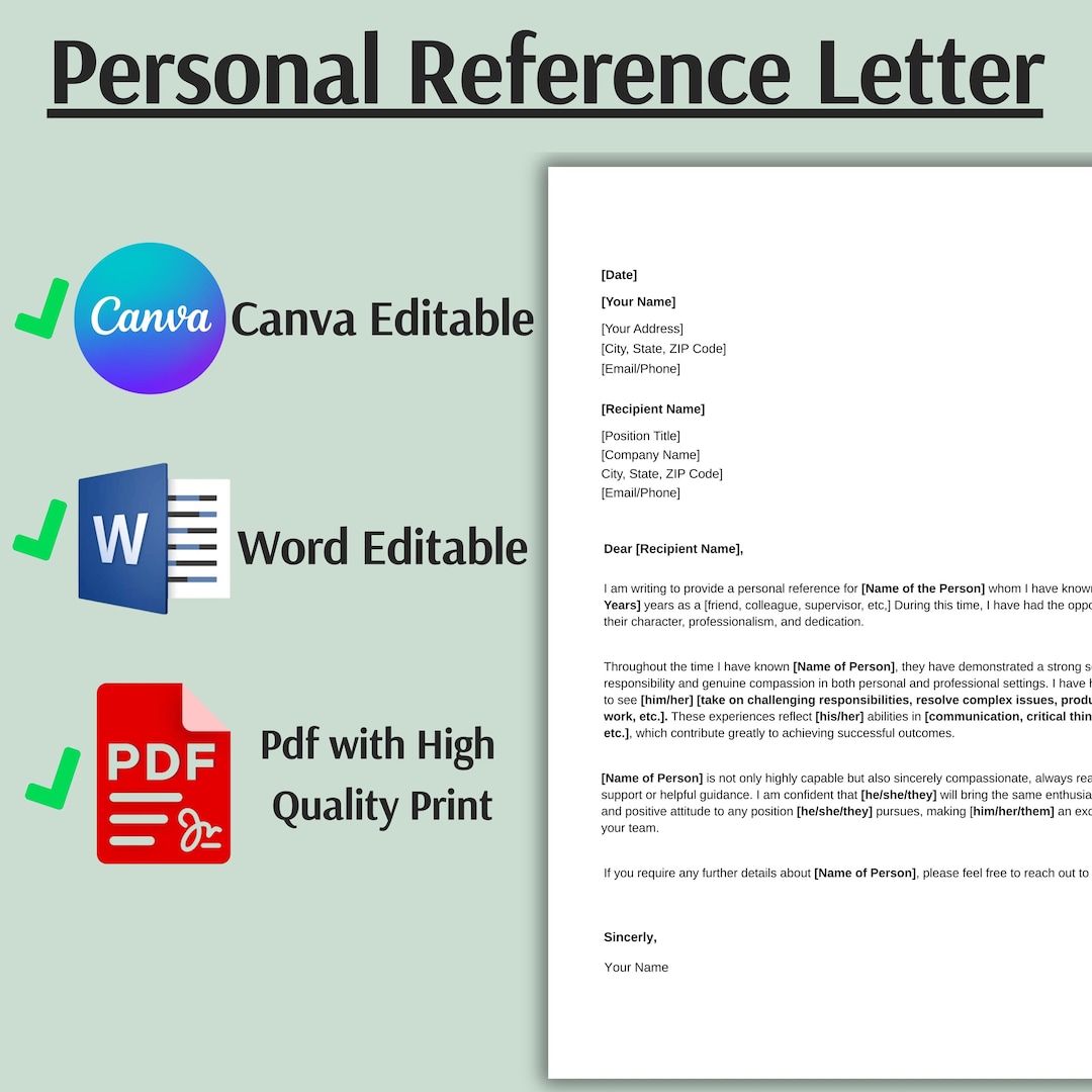 Editable Personal Reference Letter Template (word, Canva, PDF ...