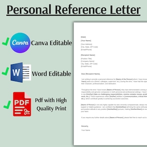 May include: A personal reference letter template with the title "Personal Reference Letter" at the top. The template is editable in Canva, Word, and PDF formats. The document includes placeholders for the date, name, address, and recipient information.