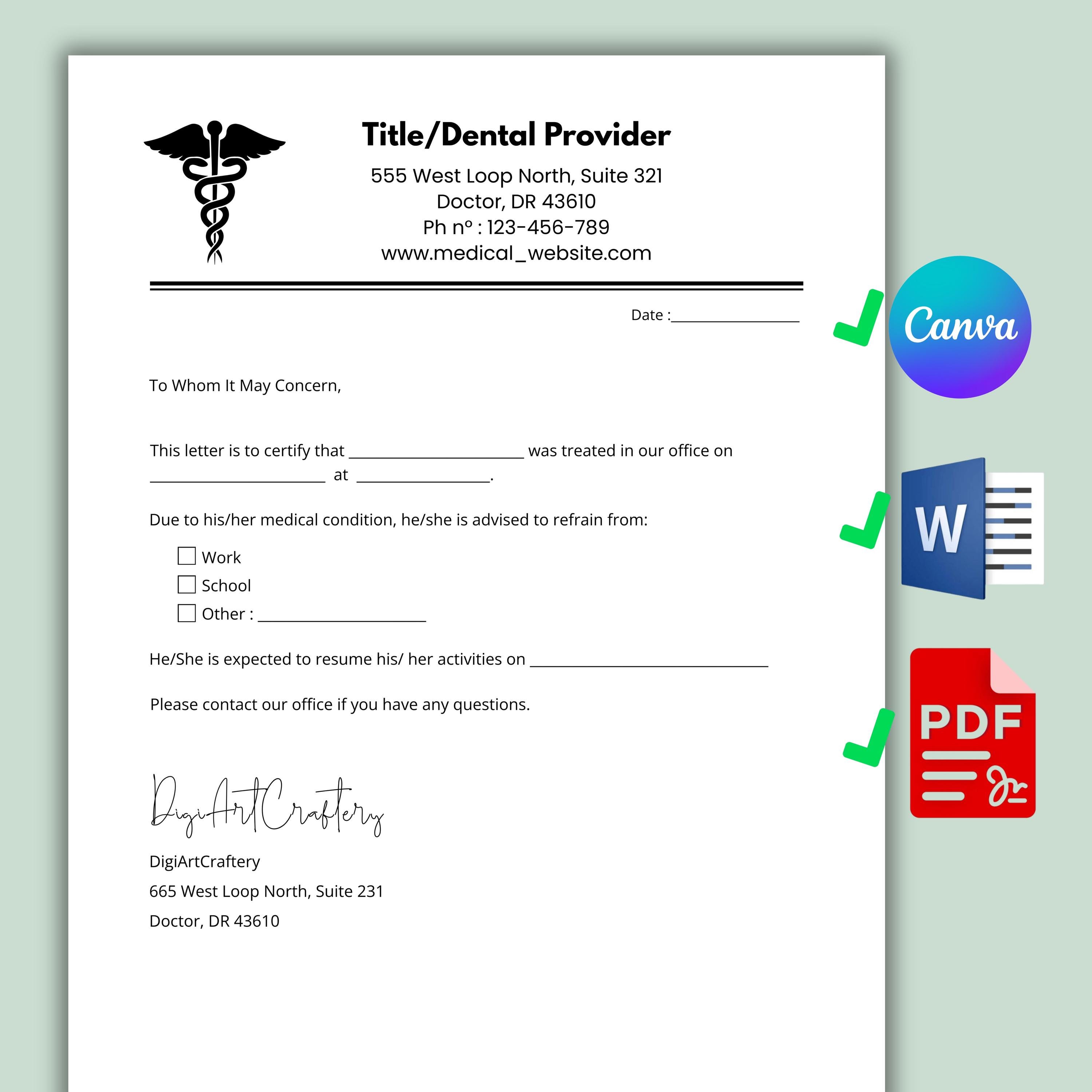 Editable Doctor Excuse Note Template, Medical Sick Leave Letter (canva ...