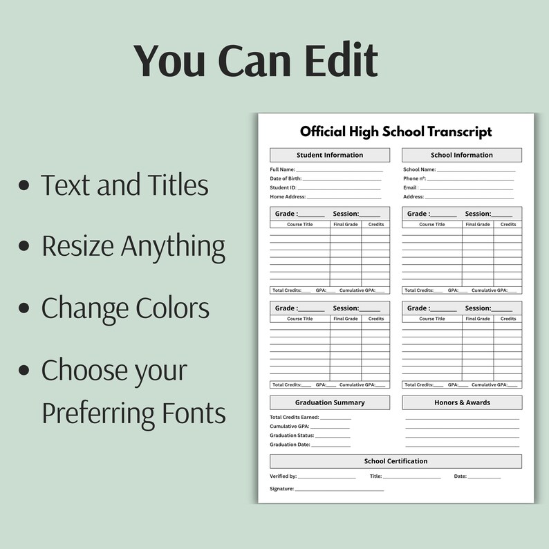 Editable High School Transcript Template, Homeschool Report Card ...