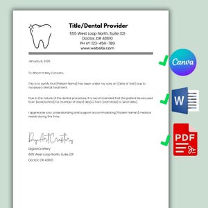 Editable Dentist Excuse Note Letter Template (PDF, Word, Instant Download)
