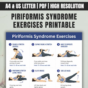 Übungen gegen das Piriformis-Syndrom zum Ausdrucken, Linderung von Ischiasbeschwerden und intensive Gesäßdehnung, Hüftmobilisierung (PDF, A4, US Letter, Sofort-Download)