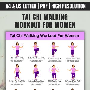以下が含まれることがあります： 「Tai Chi Walking Workout For Women」と題された印刷可能なPDFガイド。クラウドステップウォーク、ゴールデンクレーンウォーク、ブラシニーステップなど、さまざまな太極拳ウォーキングエクササイズのイラスト付きステップが特徴です。ドキュメントはA4およびUSレターサイズ用に設計されています。