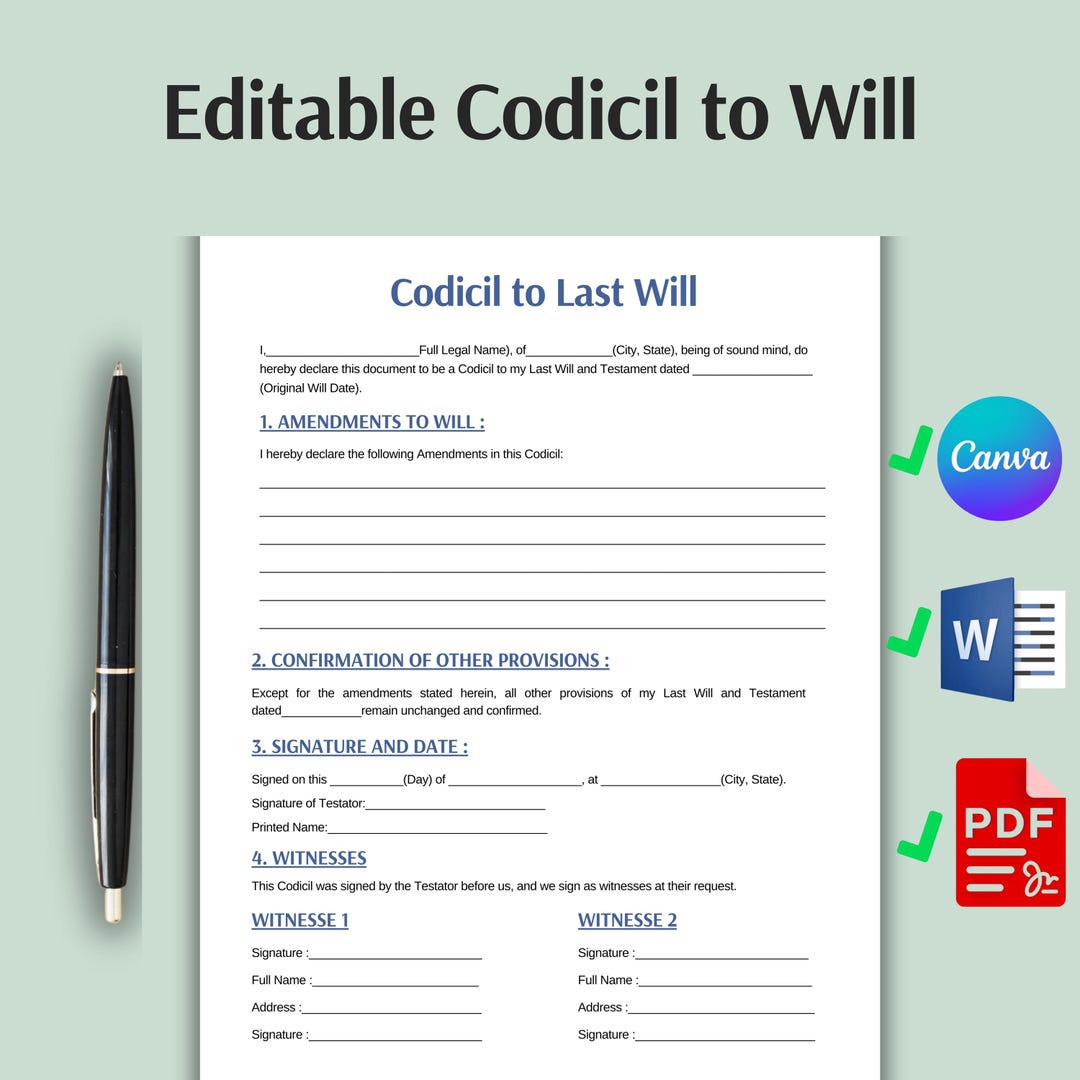 One Page Codicil to Will, Editable Will Codicil Form Template Canva ...