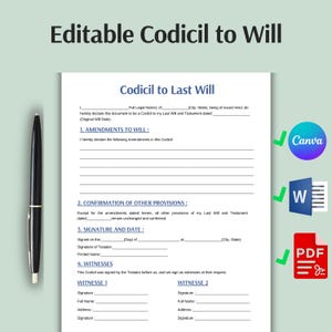 May include: A black pen lies next to a white document titled "Editable Codicil to Will." The document has fillable fields for legal details and witness signatures. Canva, Word, and PDF icons are visible.