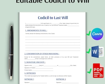 One Page Codicil to Will, Editable Will Codicil Form Template Canva, Printable Testament Form, Last Will Testament Codicil Contract PDF