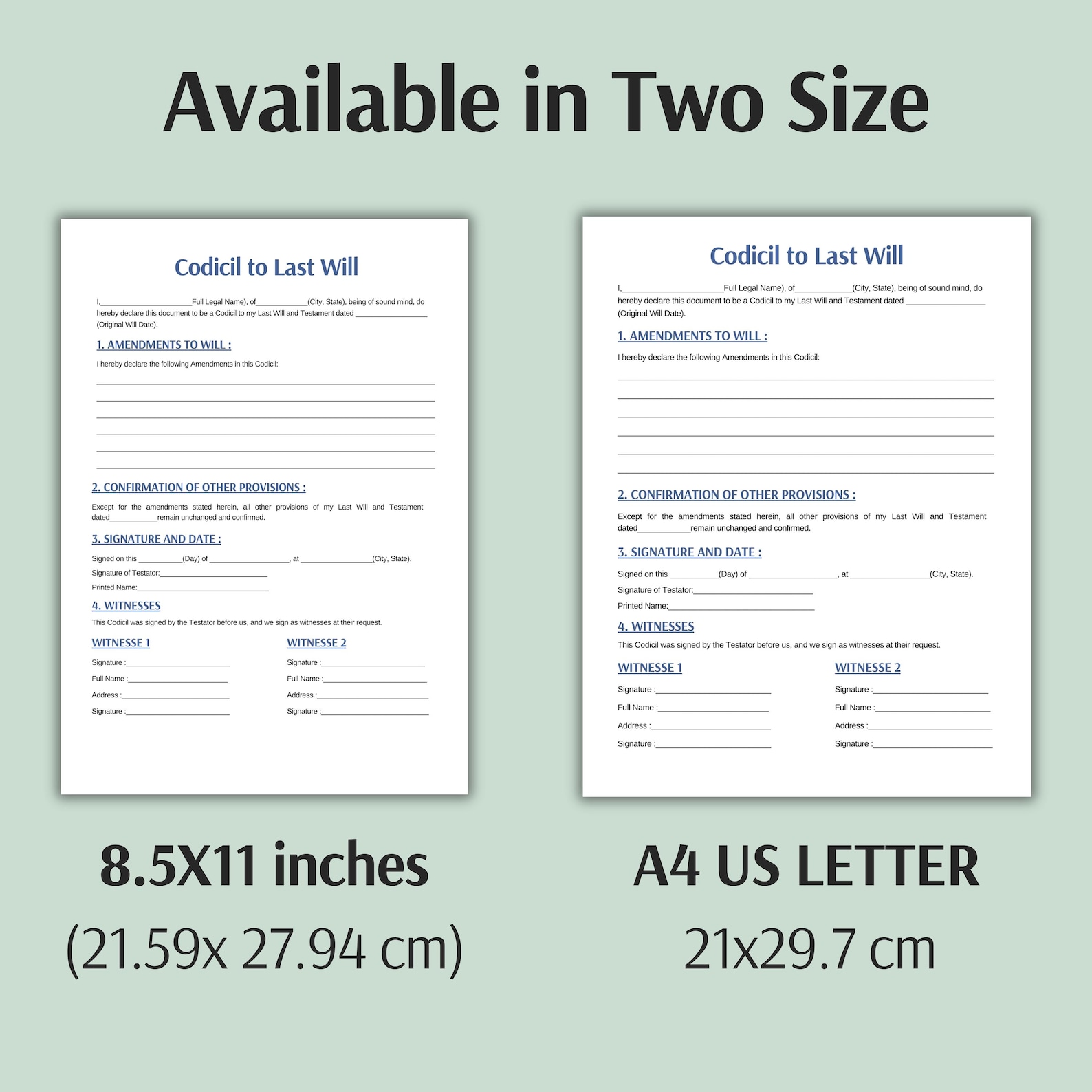 One Page Codicil to Will, Editable Will Codicil Form Template Canva ...