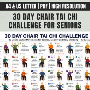 Pode incluir: Um gráfico de desafio de Tai Chi em cadeira de 30 dias para idosos, com uma grade de instruções diárias numeradas. Cada caixa inclui uma ilustração colorida de uma pessoa sentada em uma cadeira realizando movimentos com descrições e repetições.