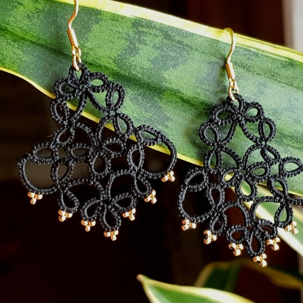Black lace and gold beaded earrings, evening earrings, tatting lace earrings