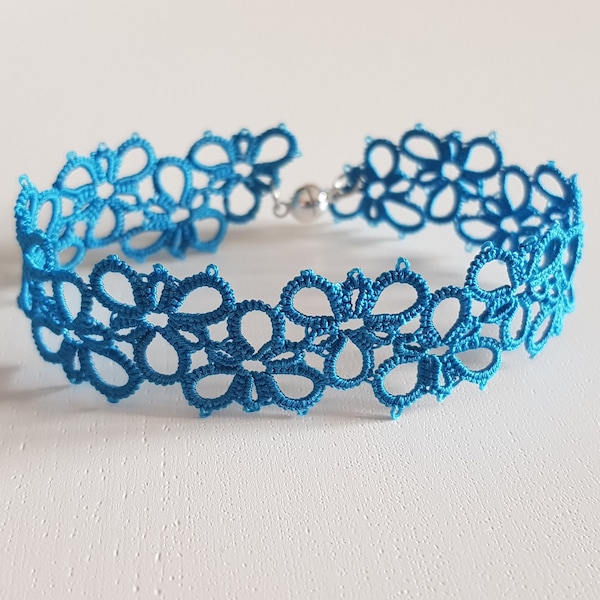 Bracelet en dentelle bleue, bracelet en dentelle de frivolité