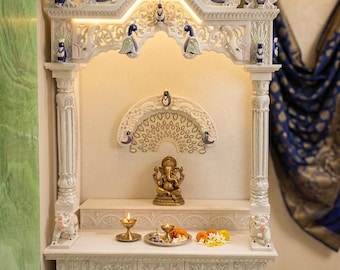 Handcrafted White Marble Pooja Mandir with Peacock Carvings | 36-Inch Home Temple with Storage and Elephants | Premium Hindu Altar Shrine