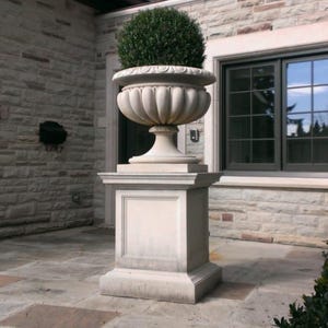 May include: A white stone planter with a round top and a pedestal base. The planter is filled with a green bush and sits on a stone patio.