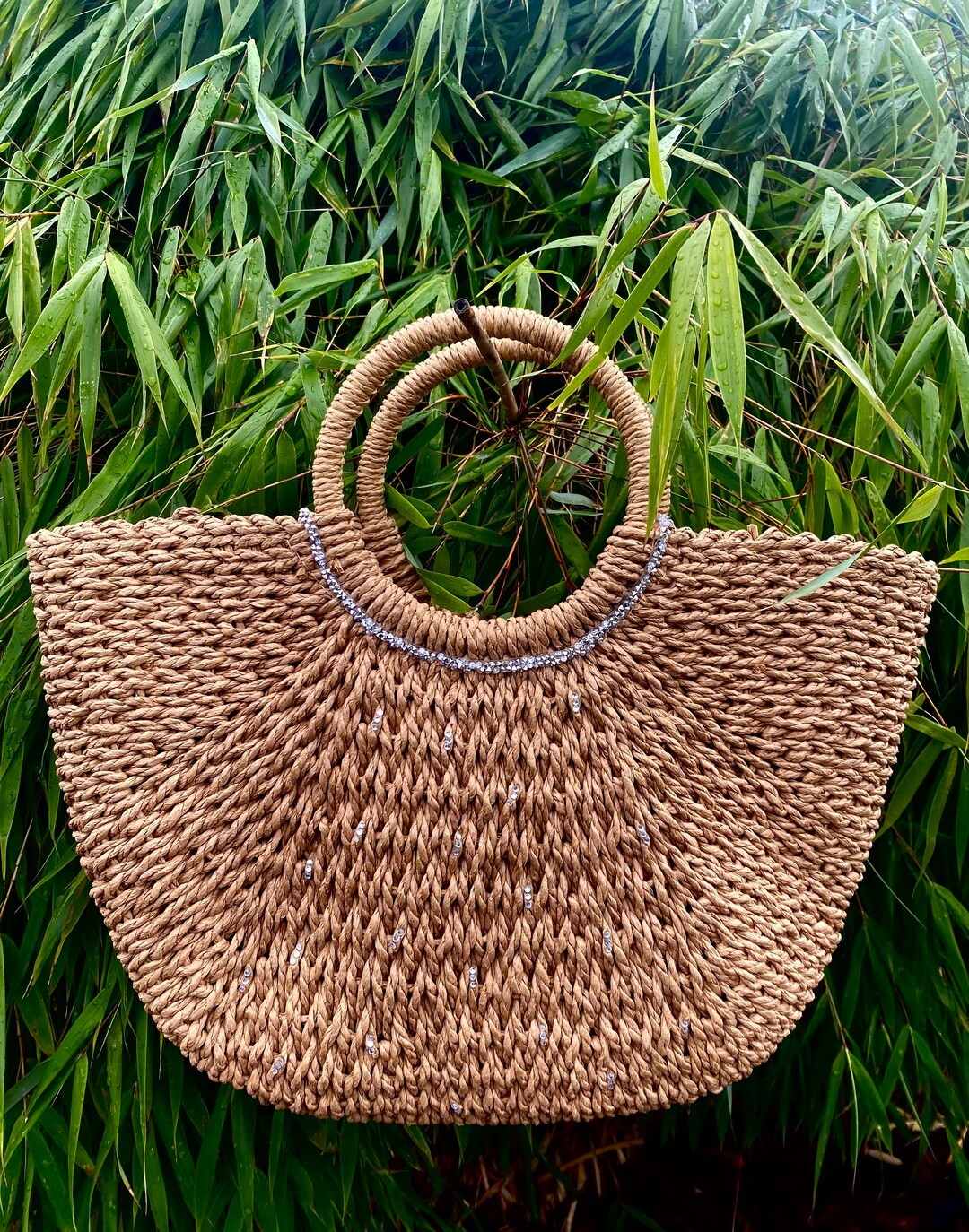 Straw Bag Handbag Shopping Shopping Bag With Rhinestones Etsy