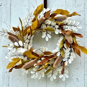 Neutral fall wreath, Cream oval leaf and yellow thistle wreath, Fall front door wreath, Front door wreath, Thistle wreath, White leaf wreath