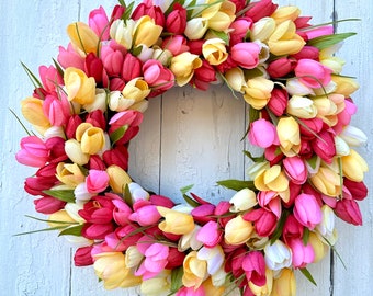 Tulip wreath, Pink and yellow tulip wreath, Spring tulip wreath, Spring flower wreath, Easter wreath, Easter front door wreath.