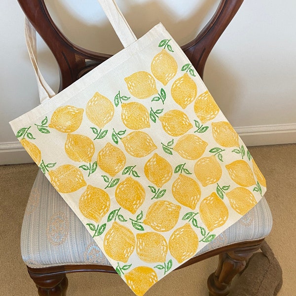 Hand printed Lemon cotton canvas tote bag, reusable 100% cotton