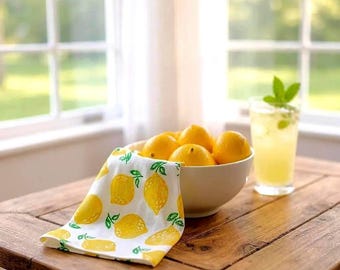 Hand printed Lemon Tea Towel, 100% Cotton