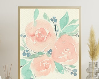 Original Watercolor Floral Print, Pastel Floral Painting, Pink Roses, Loose Florals, Instant Download, Printable Art, Digital Download,