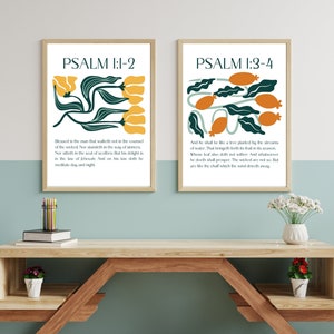 Art Print Set of 2, Christian Wall Art, Bible Verse Print, Bible Home Decor, Psalm 1, Instant Download, Modern, Floral