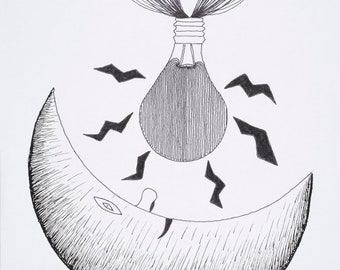 May include: A black and white line drawing of a crescent moon with a light bulb eclipsing it. The light bulb has a long cord with many strands. The word "ECLIPSE" is written below the image.