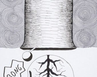 May include: A black and white line drawing of a skull with a tree growing out of the top of its head. The skull is facing to the right and has a large, open mouth. The tree has a thick trunk and many branches. The word "BONG" is written in a speech bubble above the skull.