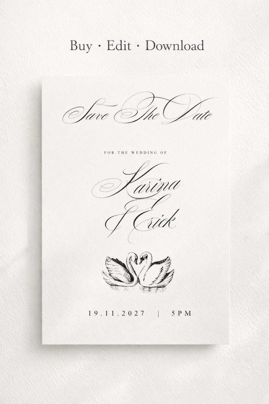 Elegant Swan Wedding Invitation Template, Minimalist Script Invite ...