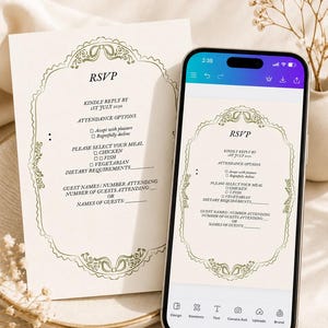May include: A printed RSVP card and a smartphone displaying the same digital RSVP template. Both feature a decorative gold-toned border with floral accents and text including RSVP, Kindly Reply By 1st July 2030, Attendance Options, and Meal Choices.