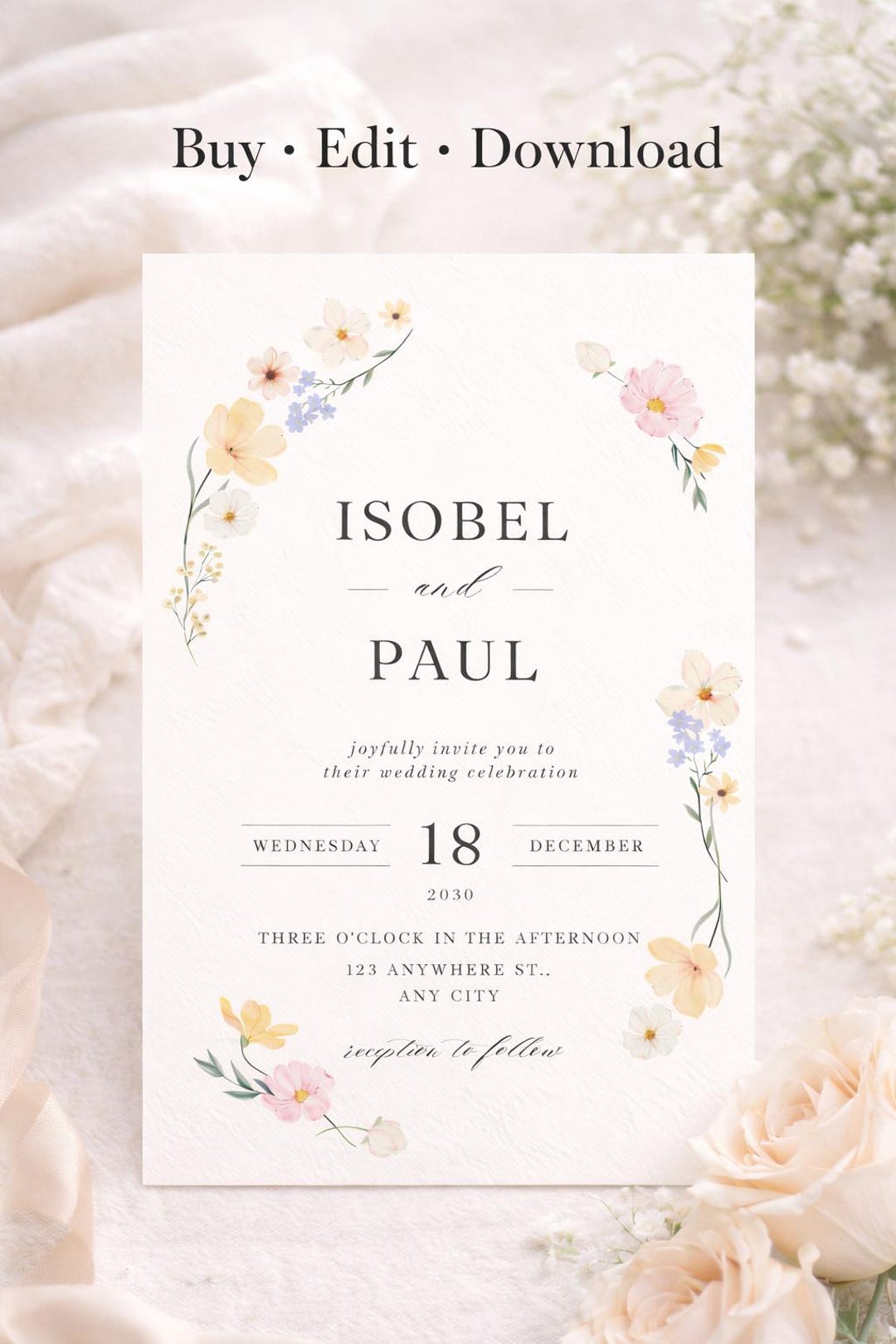 Editable Floral Wedding Invitation Template | Soft Pastel Botanical ...