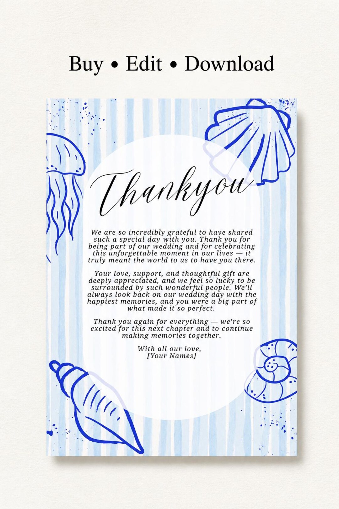 Wedding Thank You Card Template, Coastal Blue Stripe, Editable Canva ...